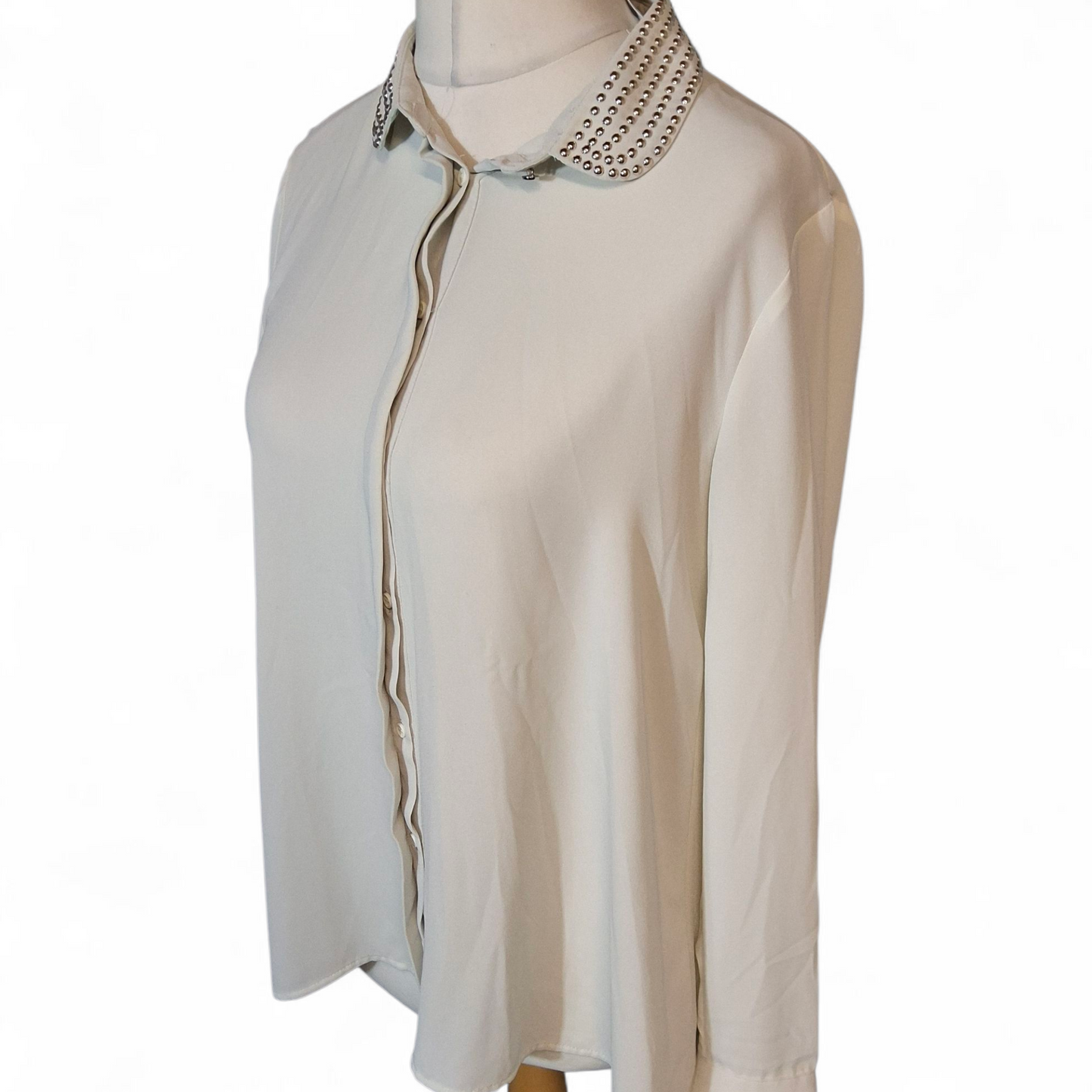 H&M Cream Sheer Blouse with Studded Collar – Flared Design – Size 12 (EU 40)