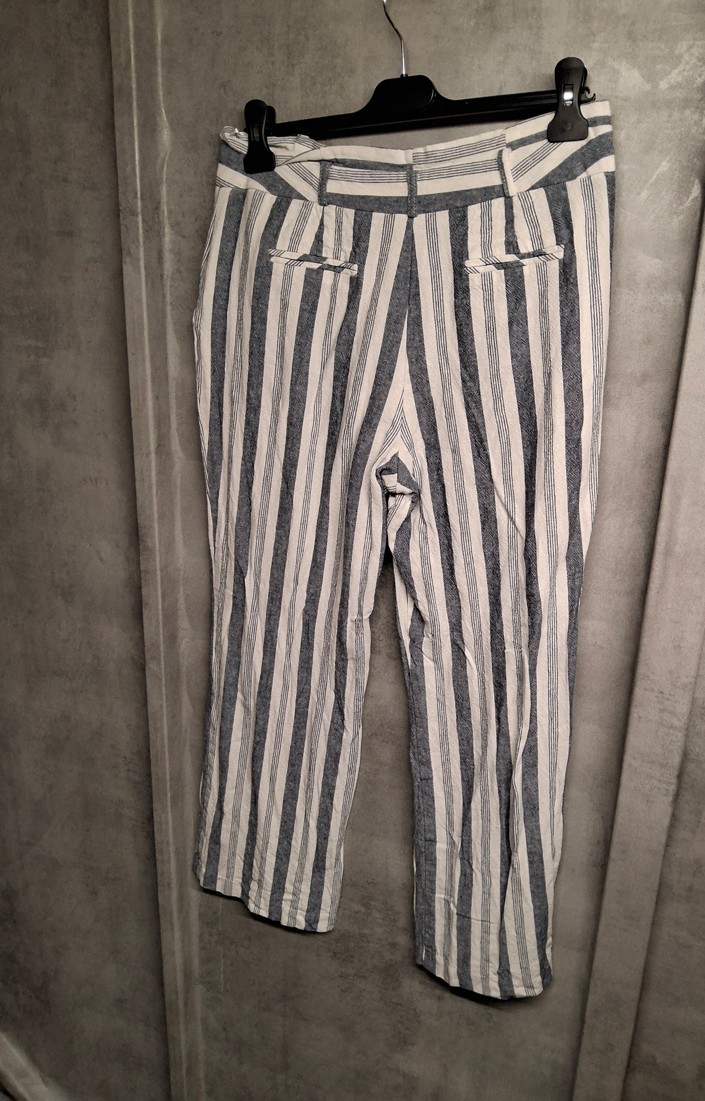 Nutmeg Navy & White Striped Linen-Blend Bootcut Trousers | Size 10