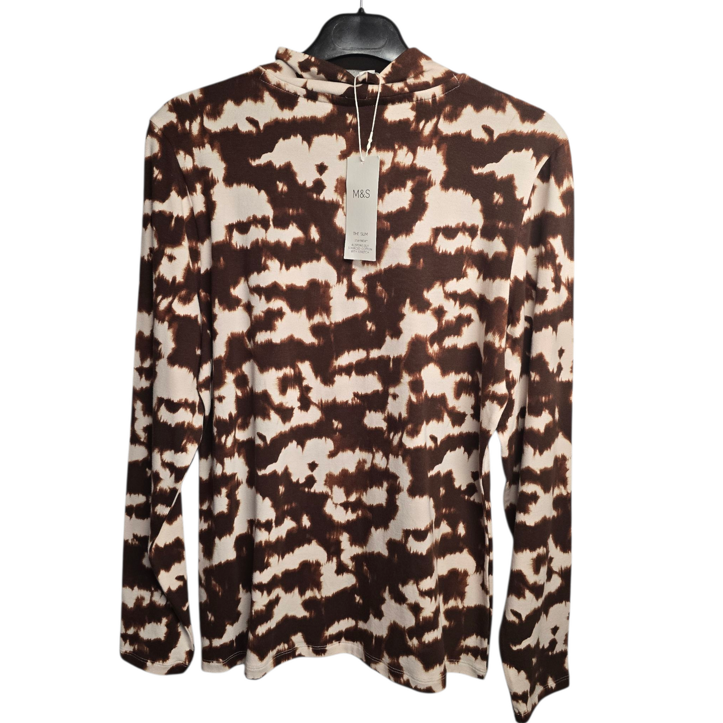 M&S Brown & White Animal Print High Neck Top – Size 14 – NWT – 95% Cotton