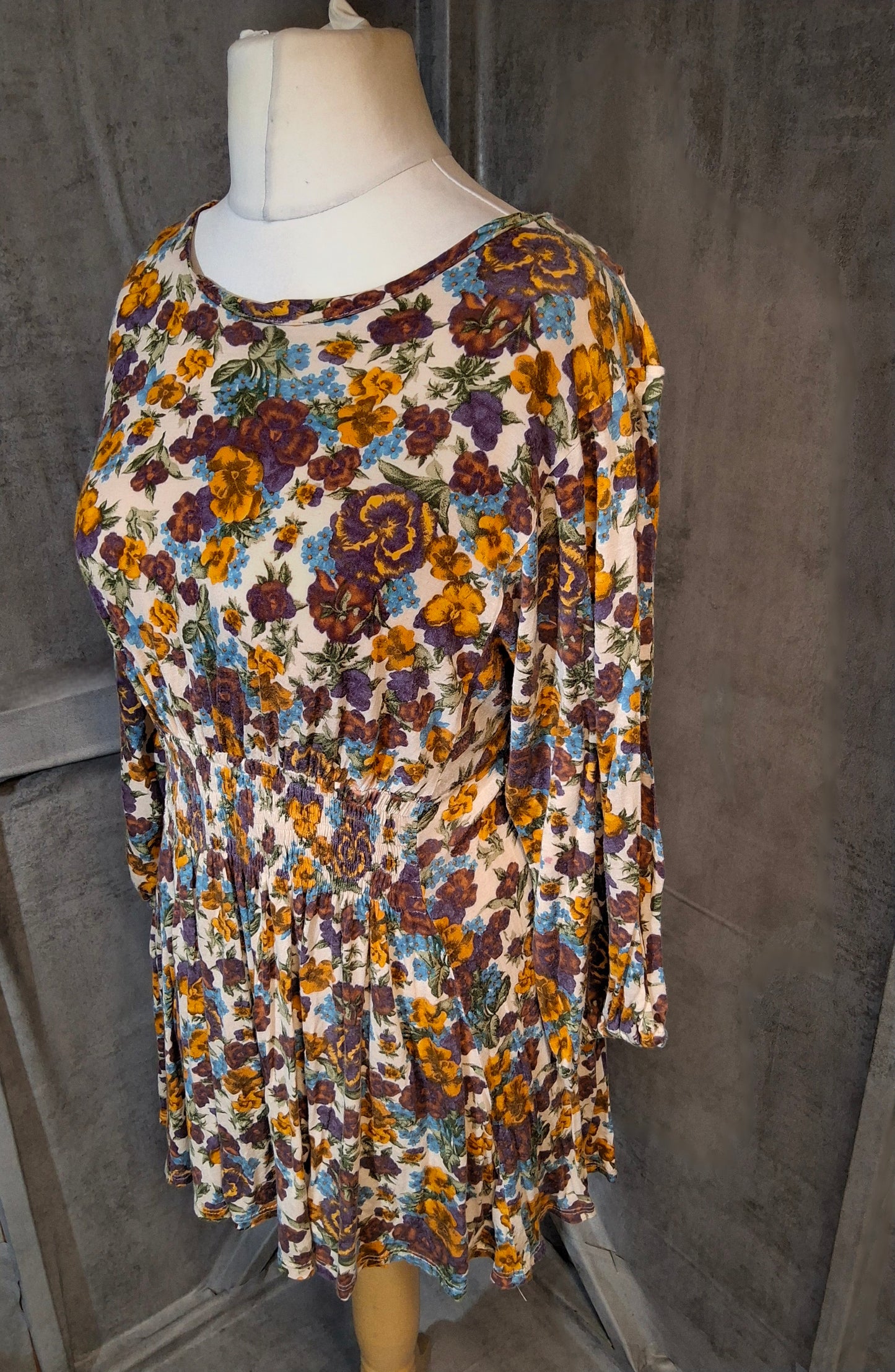 Topshop Multicoloured Floral Blouse – Elasticated Waist, ¾ Sleeve – Size 12