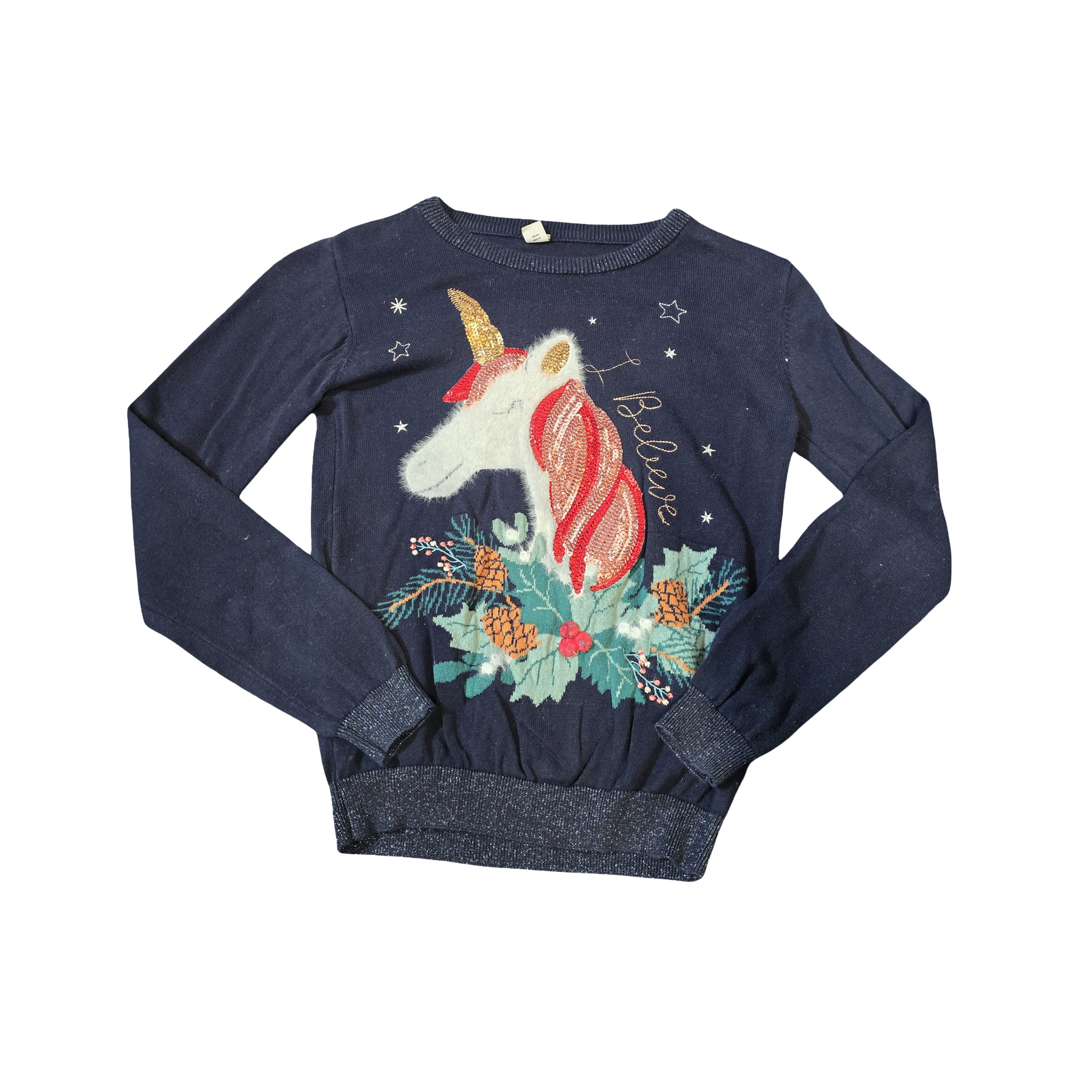 Tu Girls Navy Xmas Unicorn Jumper – Age 11 – Sequin & Fluffy Design