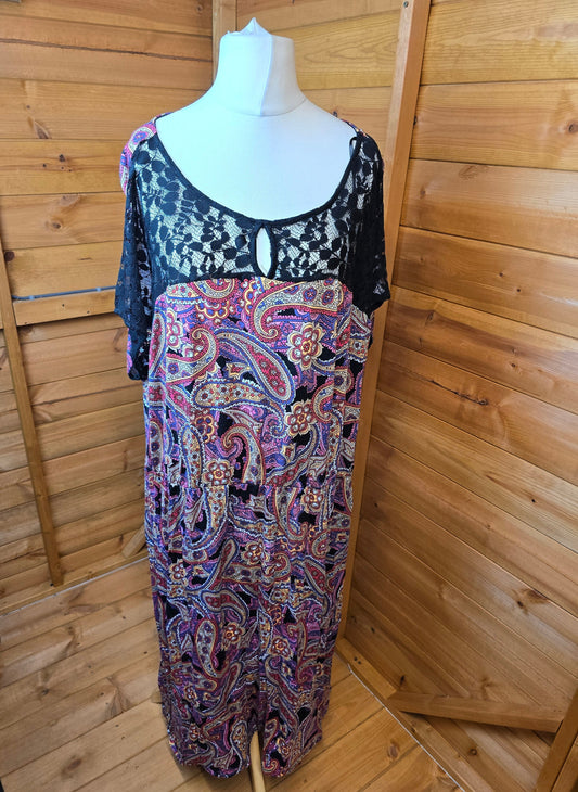 Simply Be Black Multicolour Midi Dress Size 28 – Lace Front, Short Sleeves, Elasticated Waist