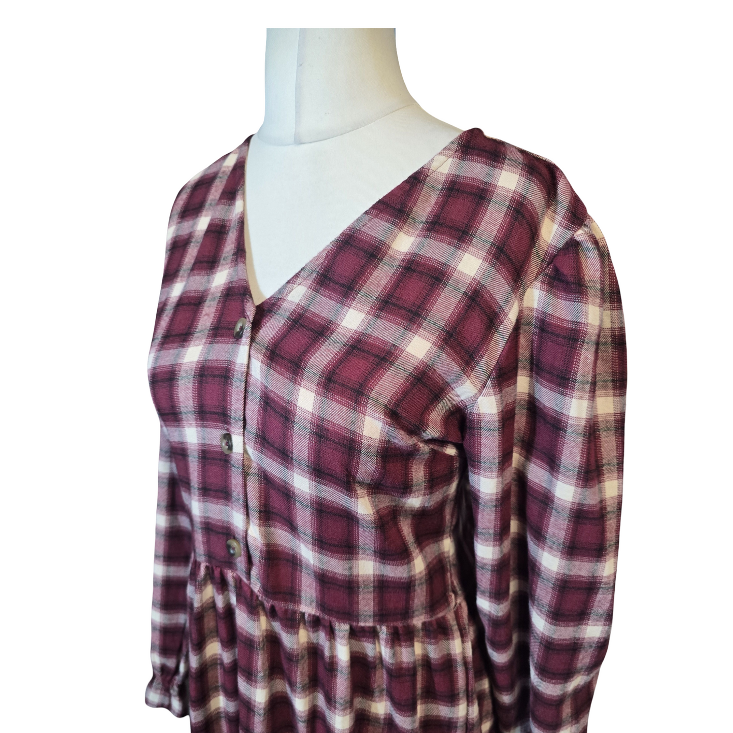 Primark Burgundy & White Checked Tiered Dress – Size 10 – Long Sleeve