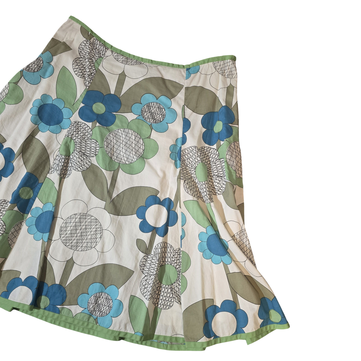 Boden Green & Cream Floral Flared Skirt – Size 12 Regular – 100% Cotton, Lined