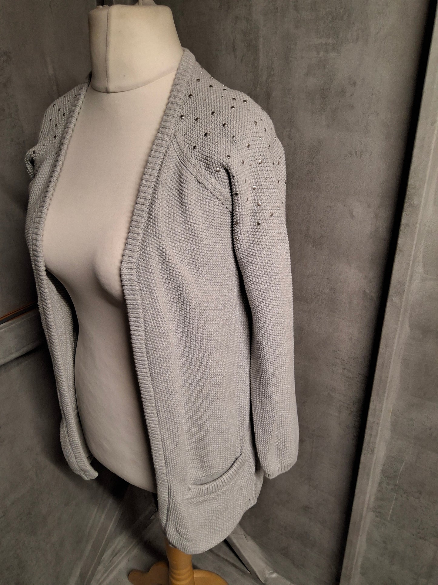 Fransa Grey Stud Shoulder Open Knit Cardigan – Size S (UK size 8/10)