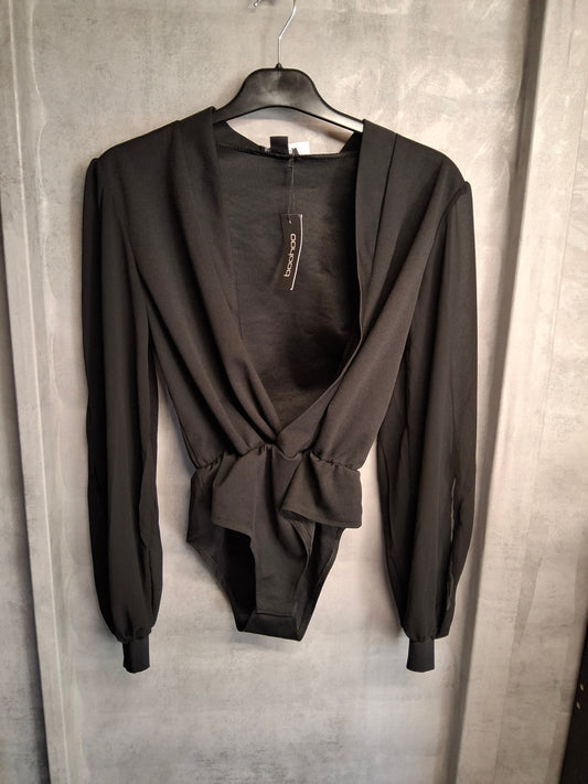Boohoo Black Bodysuit with Sheer Sleeve Detail – Size 8 – NWT