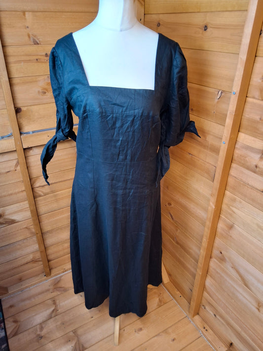 Next Black 100% Linen Midi Dress – Size 12 – NWT – Tie Sleeves – RRP £48
