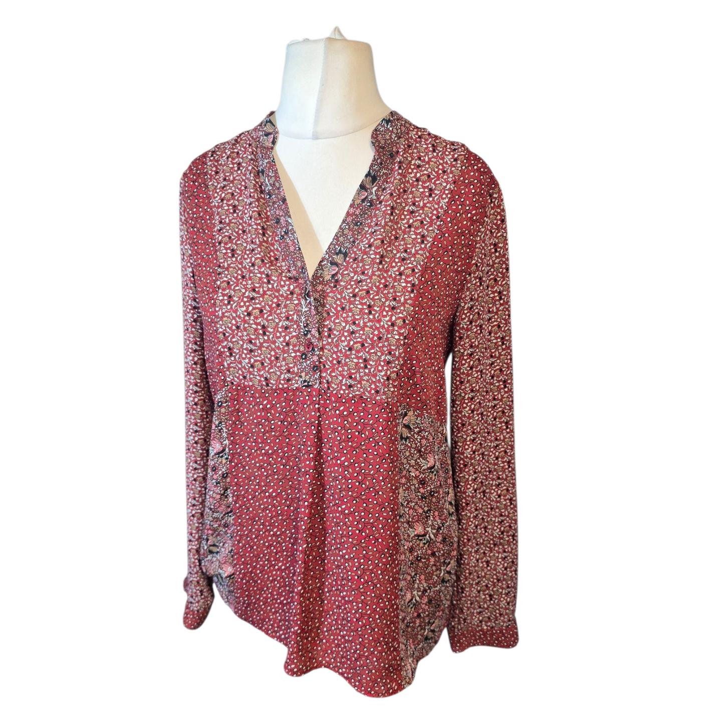 Zara Burgundy Red Floral Patchwork Blouse – Size M (UK size 10/12) – 100% Polyester