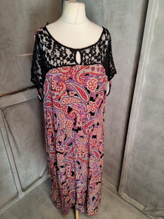 Simply Be Black Multicolour Paisley Midi Dress with Lace Detail – Size 28 – Viscose