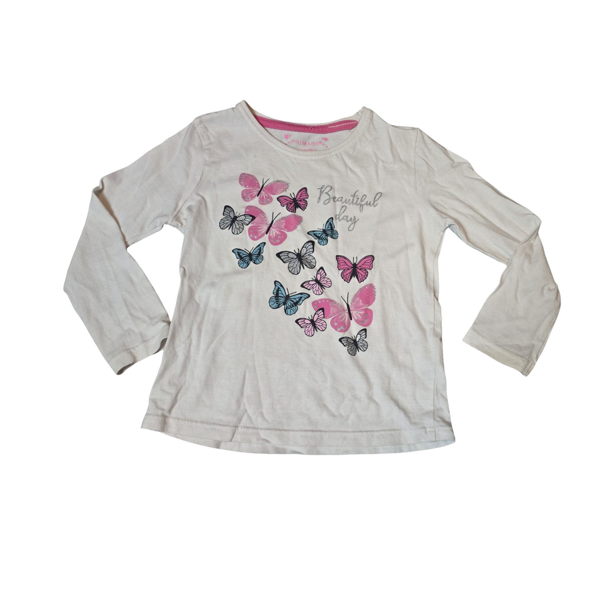 Primark Girls White Butterfly T-Shirt – Age 2–3 Years – 100% Cotton