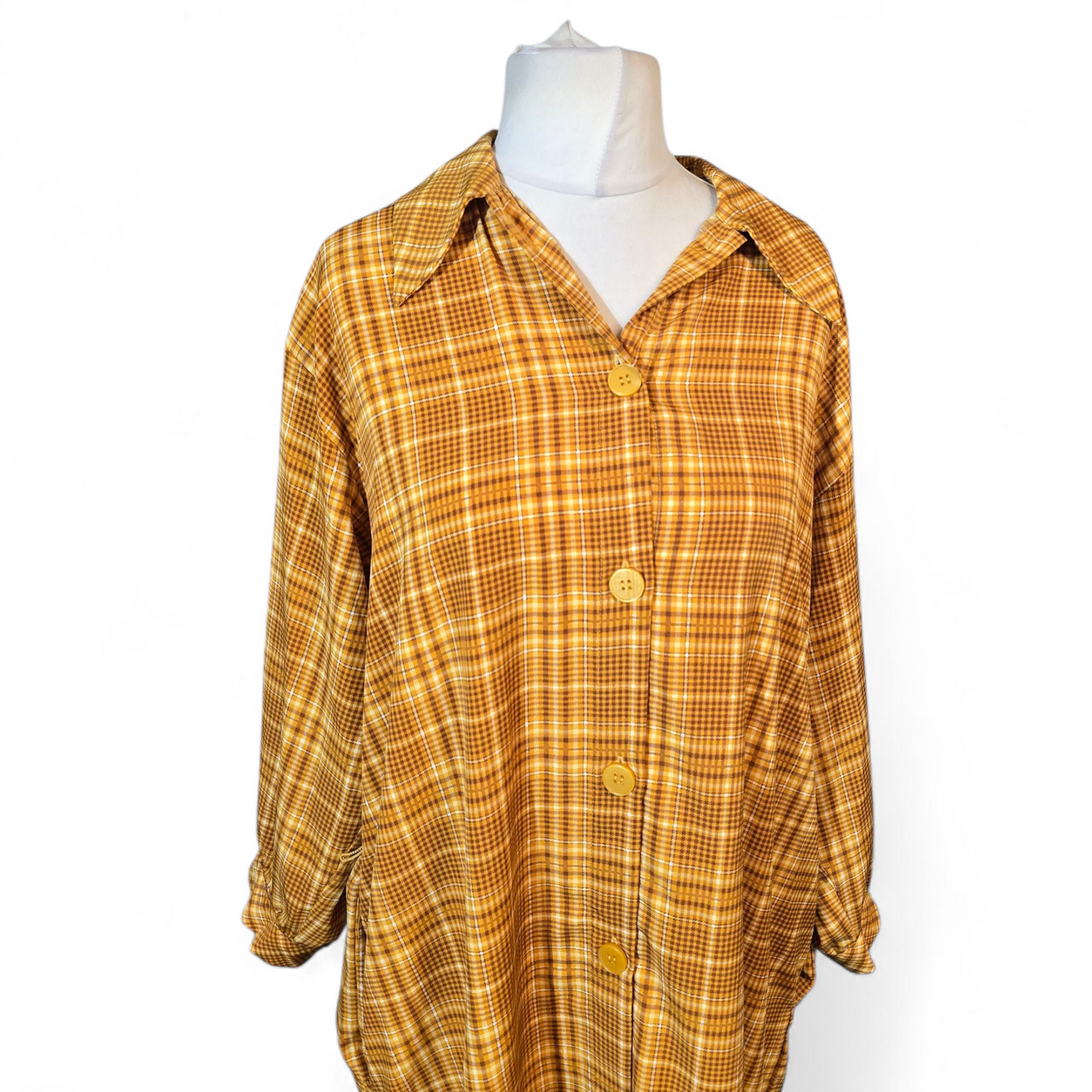 Monki Mustard Check Midi Shirt Dress – Size M (UK size 12/14) – Pockets & 3/4 Sleeves