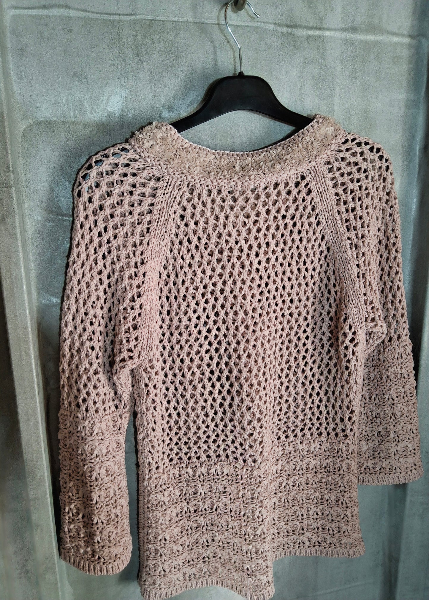 Apanage Pale Pink Crochet Knit Jumper – Size M (10/12) – Lightweight Layering with 3/4 Sleeves