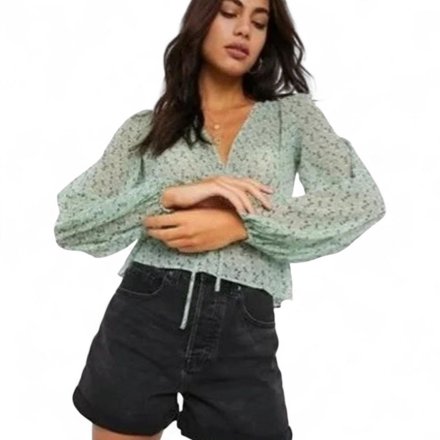 Stradivarius Mint Green Floral Blouse – Sheer, Flowy & Fab  (Size S, fits size 8/10)