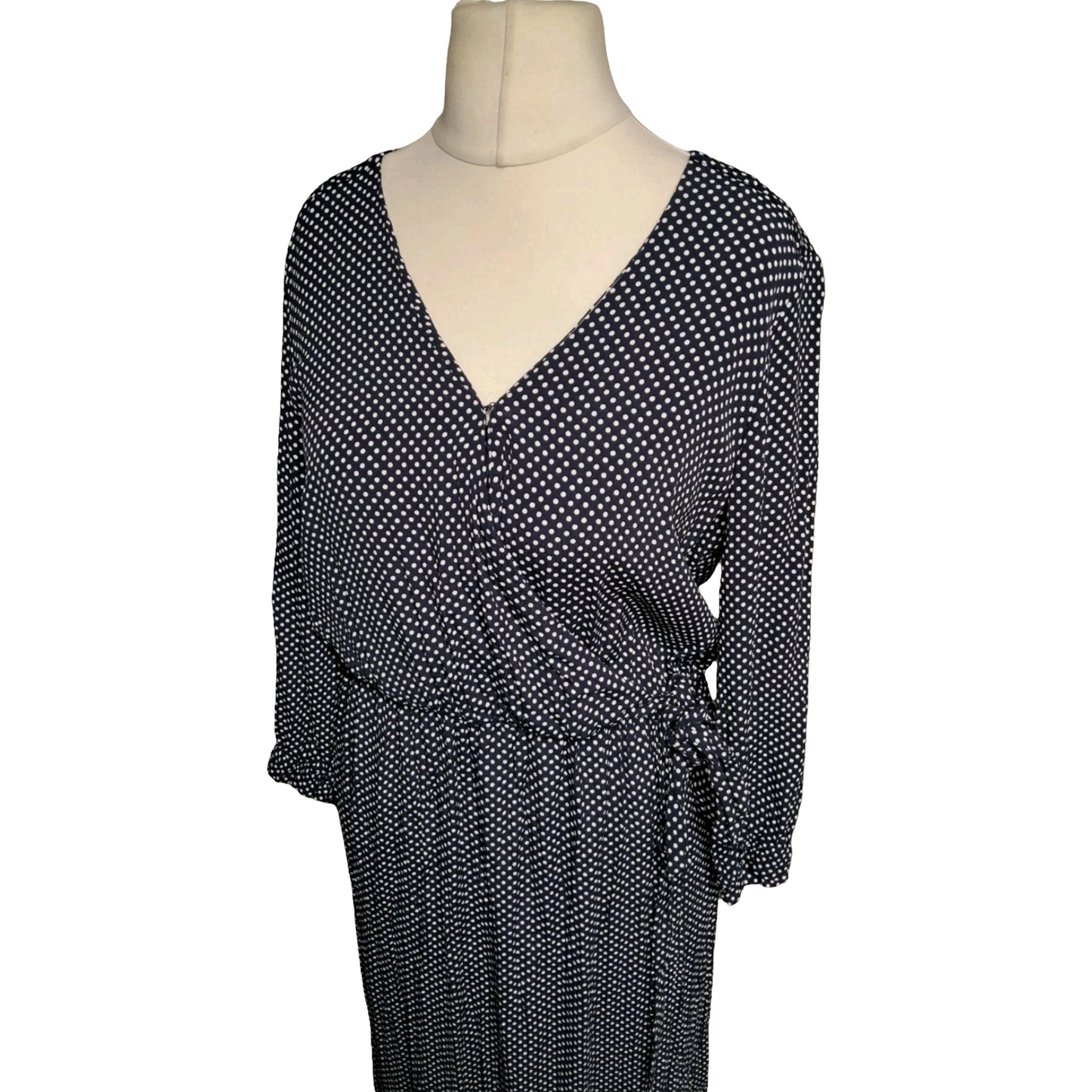 Joules ‘Chloe’ Navy & White Polka Dot Wrap Midi Dress – Size 12 – Viscose