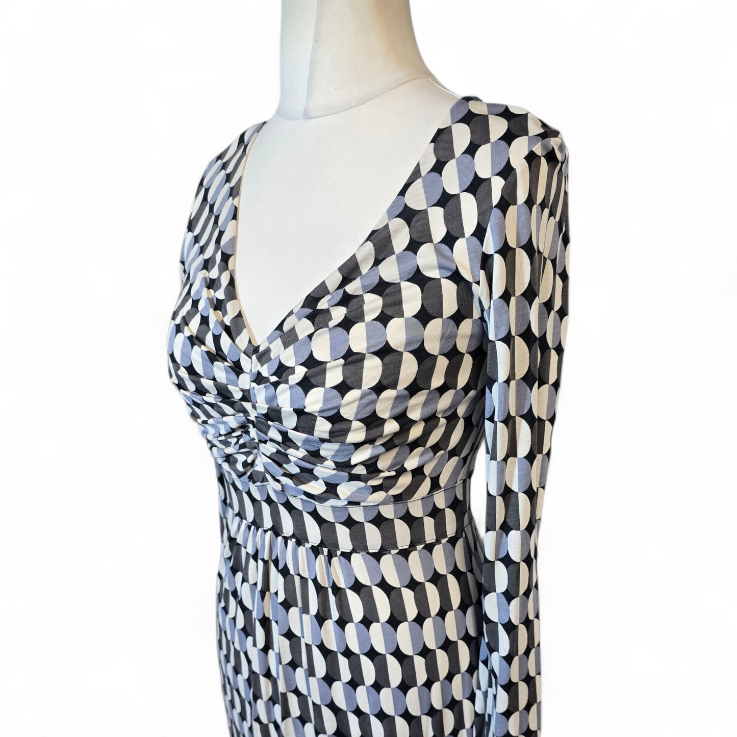 Boden Black, Grey & White Circle Print Midi Dress – Size 8L – Lyocell