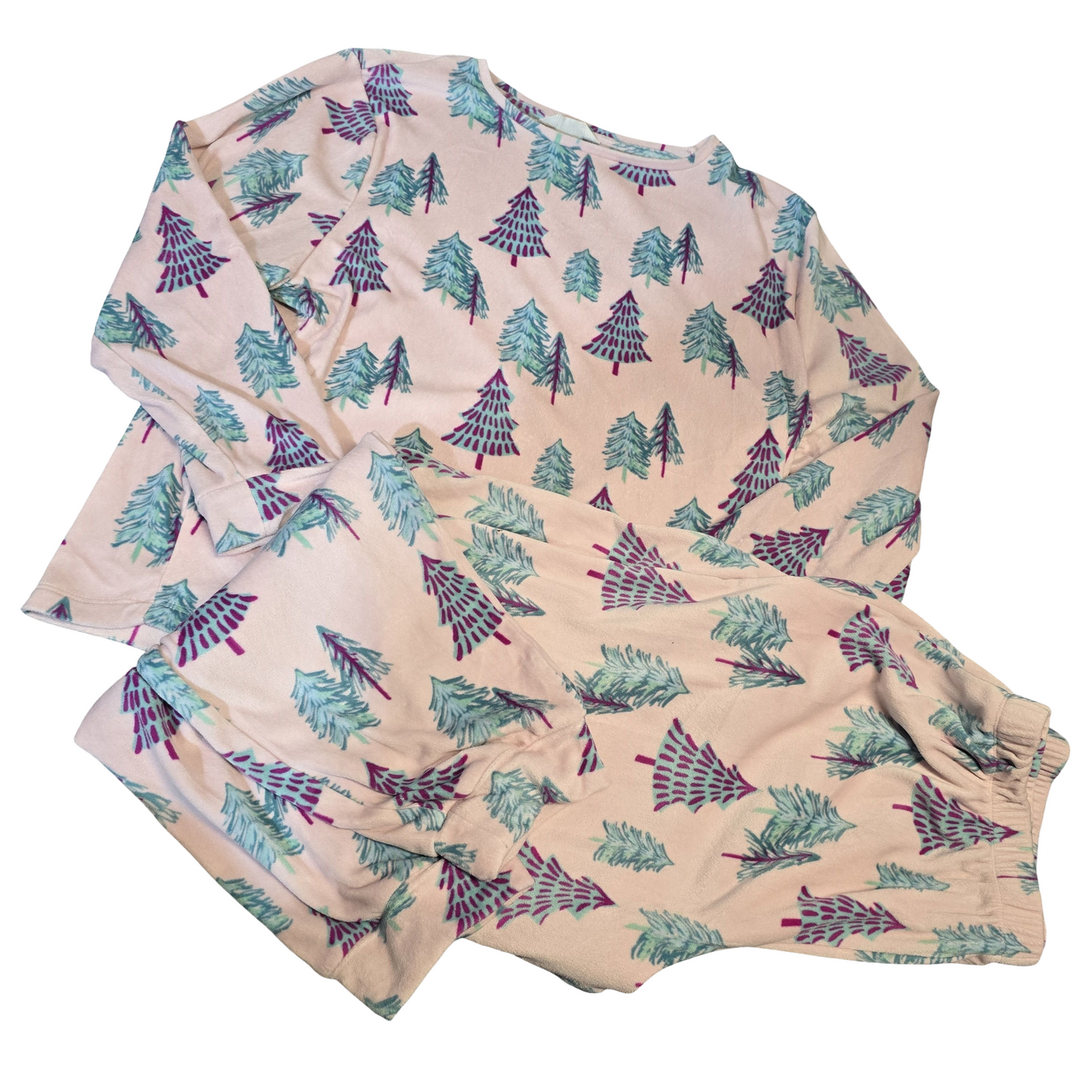 Tu Pink Fleece Pine Tree Pyjamas – Size 14 – 2-Piece Cosy Set