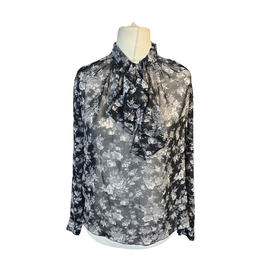 Mango Blouse Black & White Size 10/12 Med Sheer Work