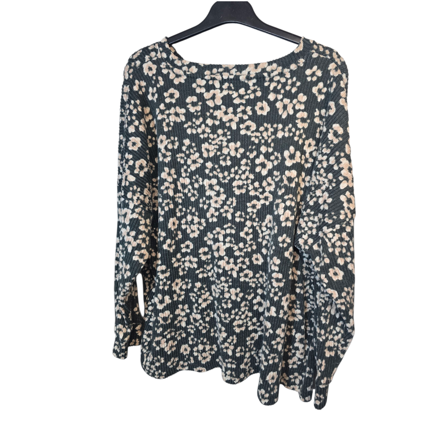 Nutmeg Green & Pale Pink Floral Ribbed Fleeced Jumper – Size 22 – Cosy & Relaxed