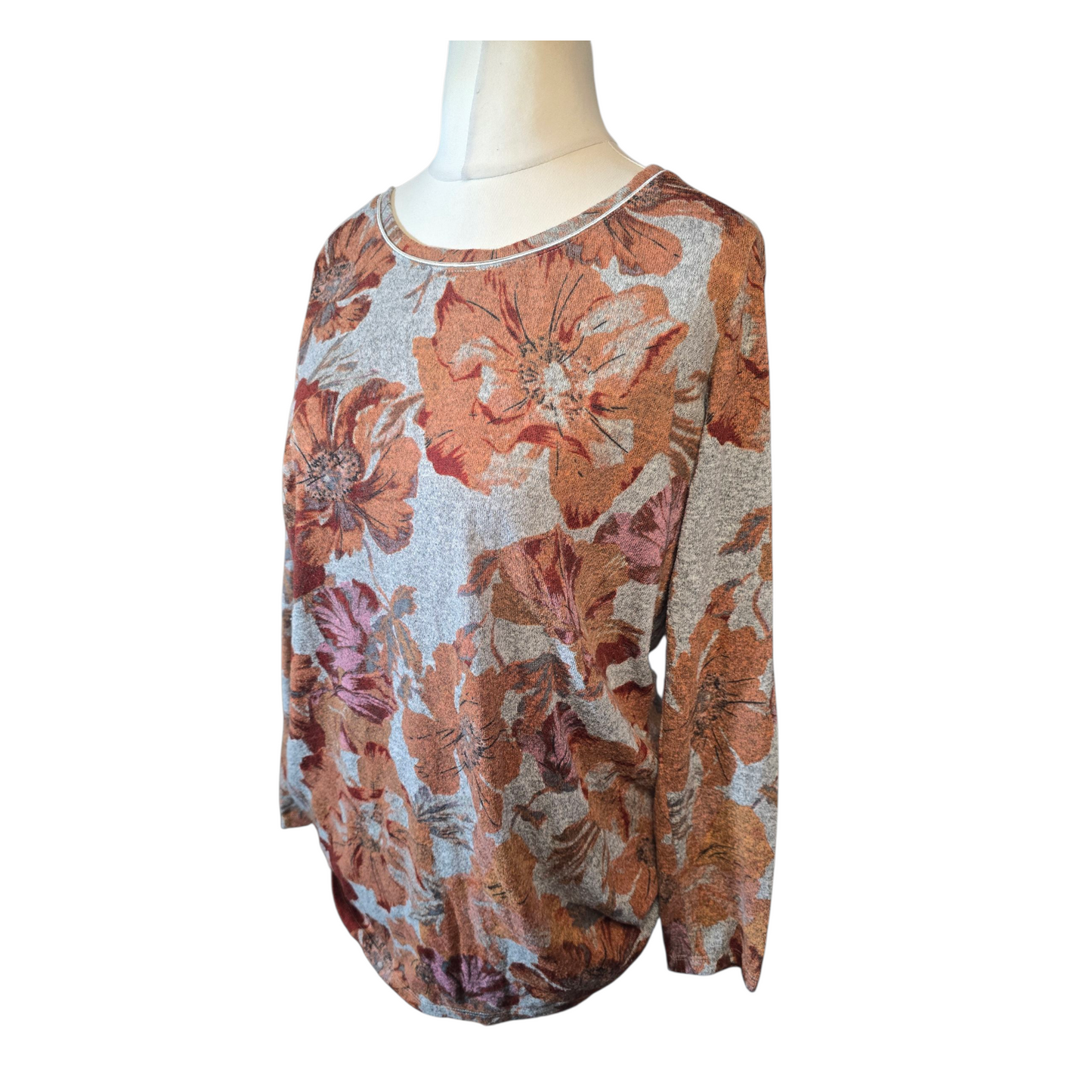 M&S Classic Grey & Light Brown Floral Lightweight Jumper – Size 16 – Longer Length