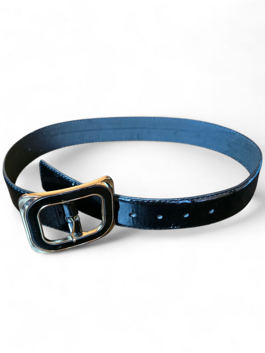 Debenhams Black Patent Belt Size M – Gold Clasp, Classic Style, Minor Wear at Fastening
