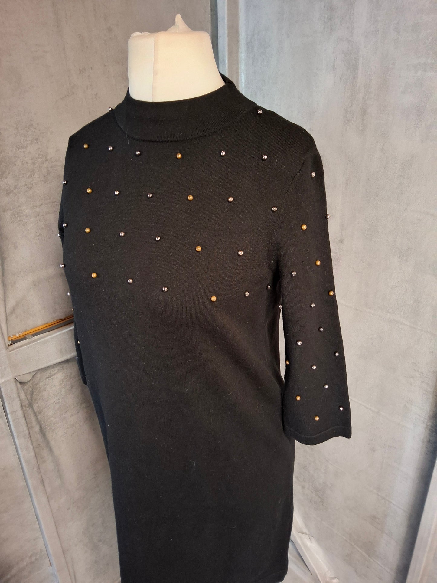 Phase Eight Black Jumper Dress – UK 10 – Gold & Silver Embellished, High Neck