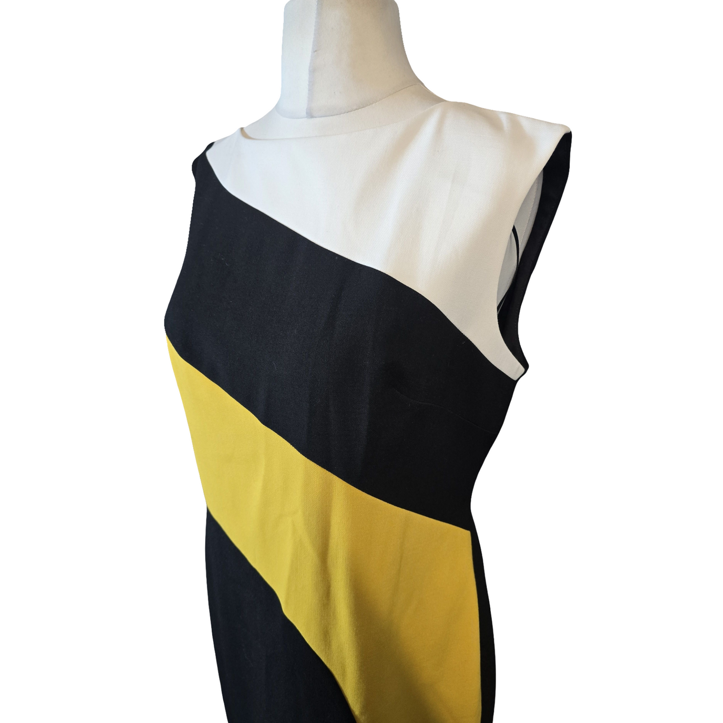 Marks & Spencer Black Yellow White Colour Block Midi Shift Dress – Size 14R