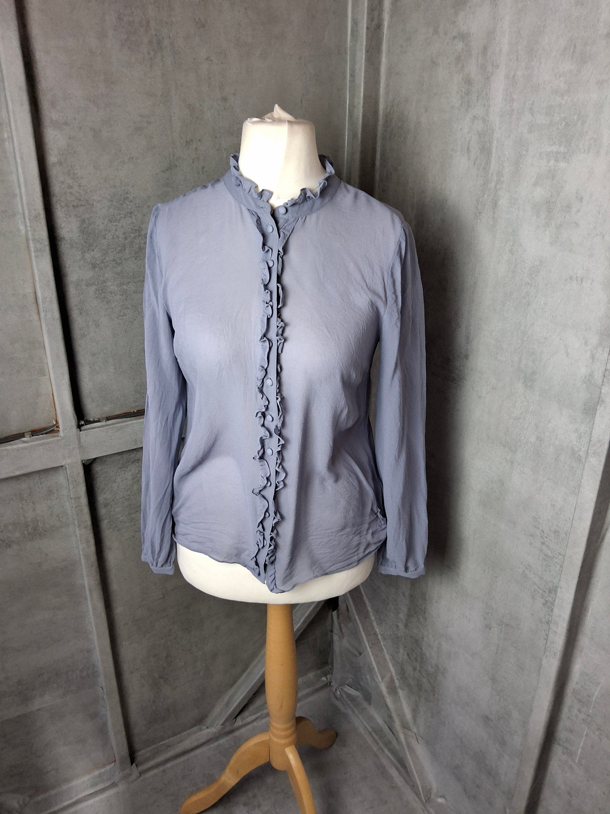 Boden Light Blue 100% Silk Ruffle Blouse – Size 10 Slightly Sheer