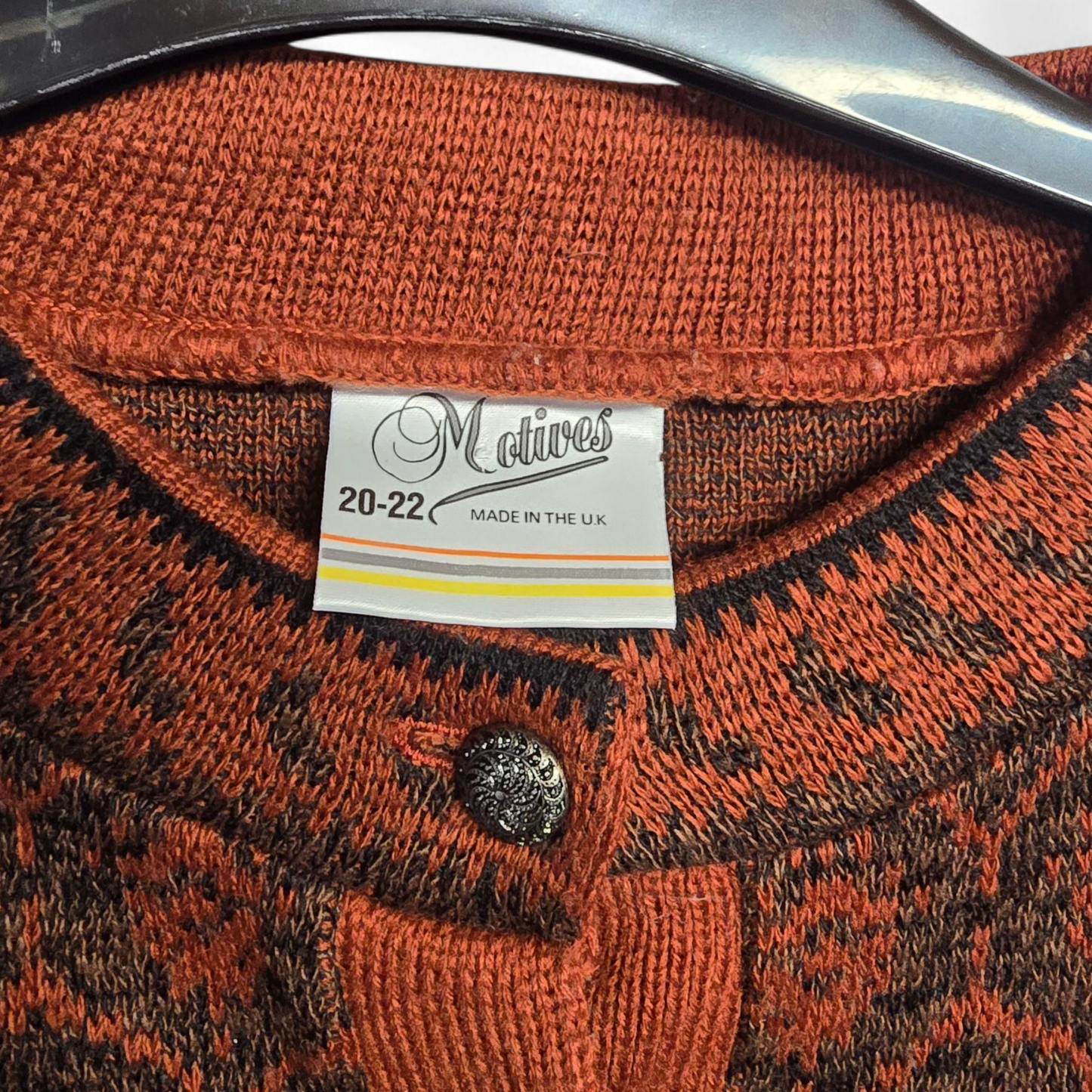 Vintage 1980s Motives Brown & Orange Patterned Knit Cardigan – UK 20/22