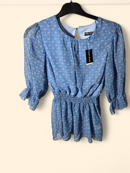 Select light blue floral 3/4 sleeve peplum top size 8 New