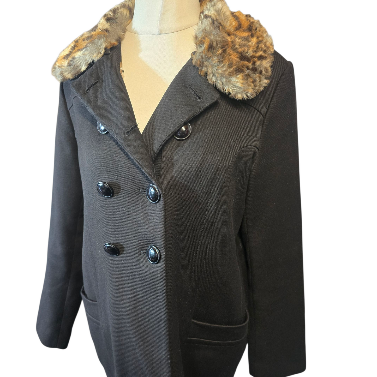Next Black Midi Coat – Size 14 – Detachable Leopard Faux Fur Collar & Button Up