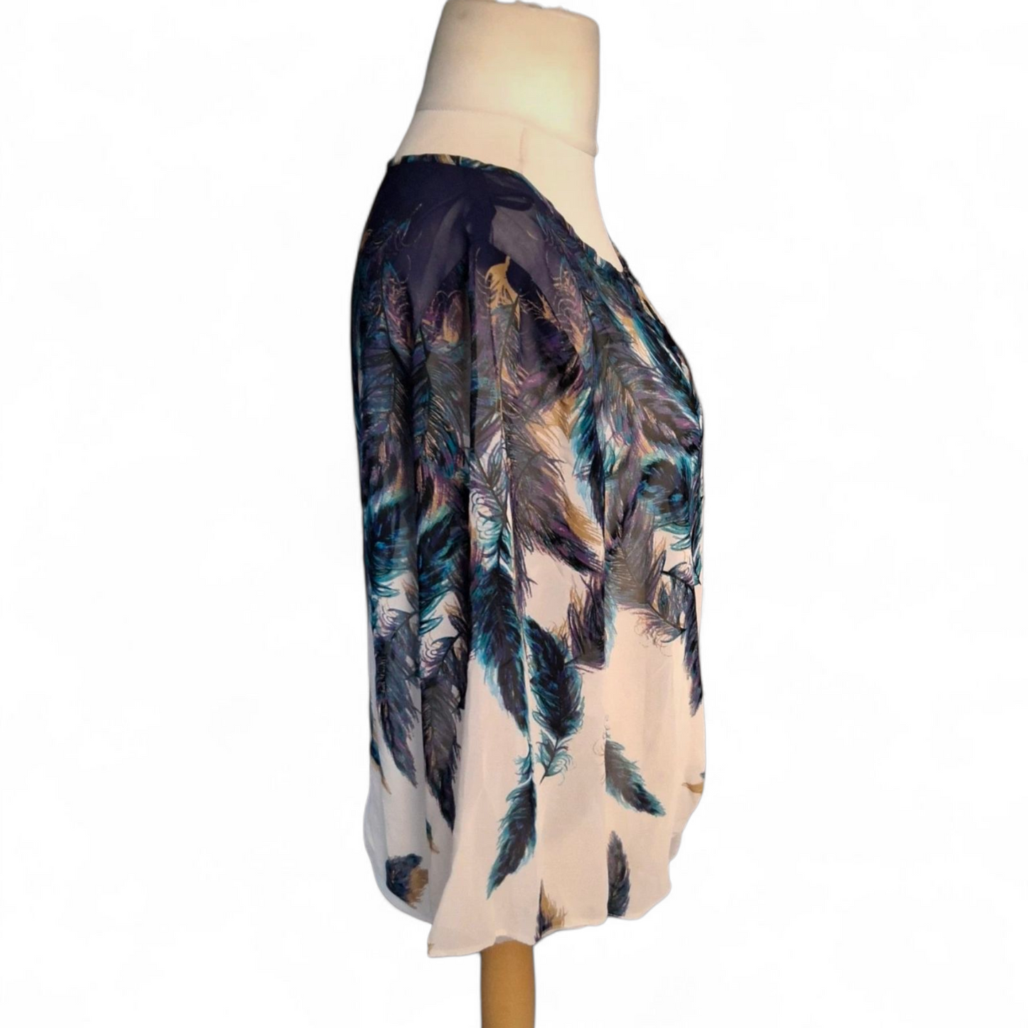 Wallis Purple, Blue & White Feather Print Sheer Tie-Front Blouse – Size 10 Petite