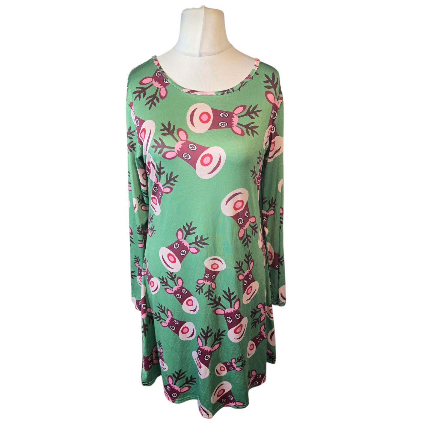Ethan & Cocoa Green Reindeer Christmas Dress – Size L (14/16) – Stretchy Long Sleeve