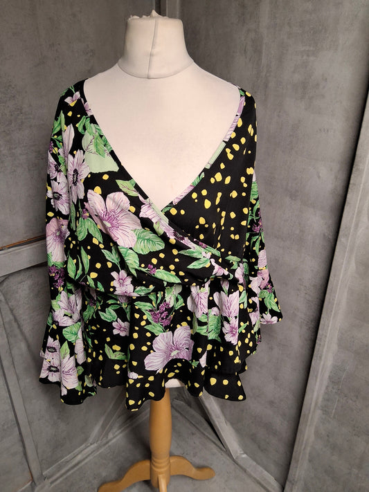 Simply Be Size 22 Wrap Peplum Top – Floral & Polka Dot Print with Flared Sleeves – Statement Style
