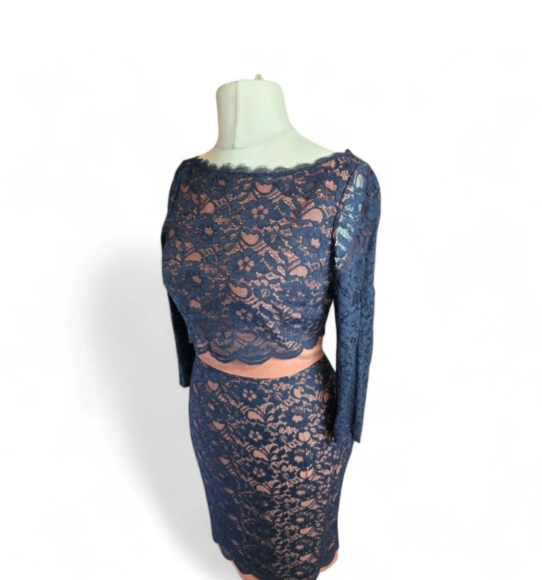 Boden Navy & Beige Lace Dress – Size 10, A-Line, 3/4 Sleeves, Knee-Length, Elegant Party Style