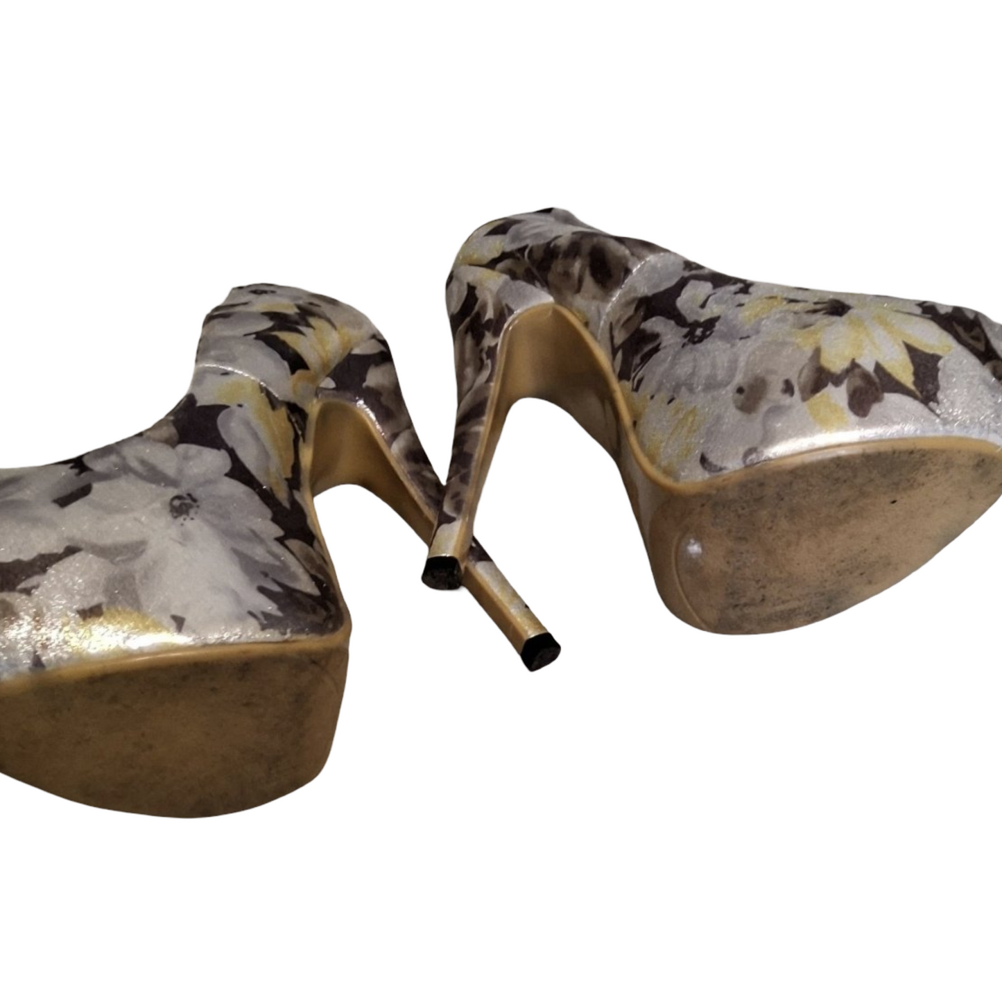 Sergio Todzi Silver, Purple & Yellow Floral Platform High Heels UK 4 – Metallic 13cm Heel