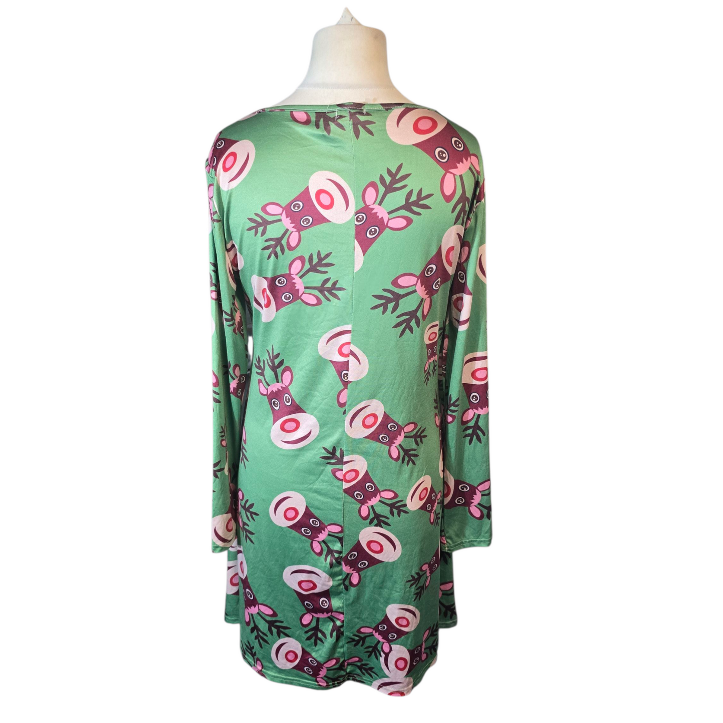 Ethan & Cocoa Green Reindeer Christmas Dress – Size L (size 14/16) – Stretchy Long Sleeve