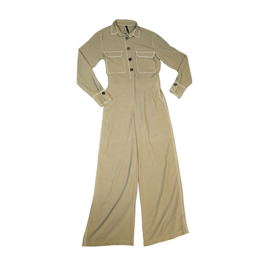 Elli White Jumpsuit Khaki Green Size 12 Utility Flared Weekend Causal 