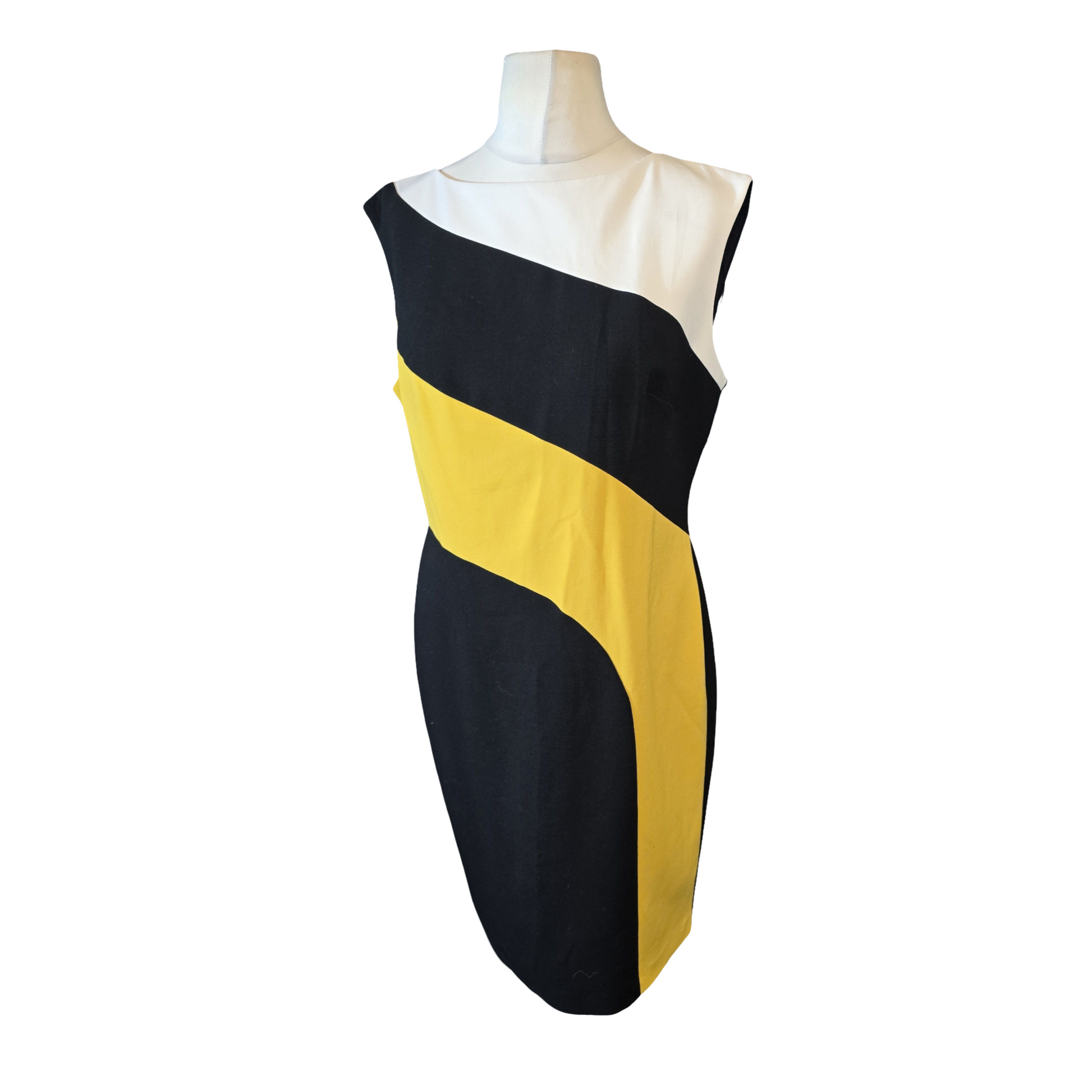 Marks & Spencer Black Yellow White Colour Block Midi Shift Dress – Size 14R