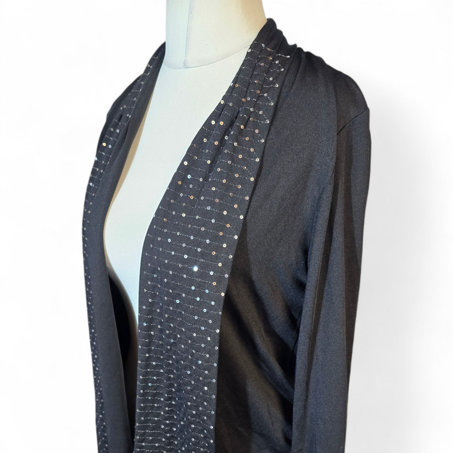 Crèaline Black & Silver Sequin Cardigan – Size 14/16 – Stretchy Open Front