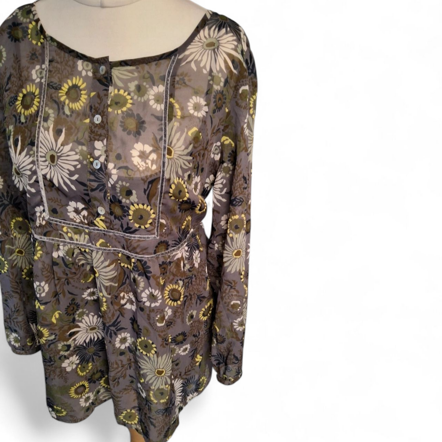 M&S Grey Floral Sheer Blouse with Cami & Tie Belt – Size 14