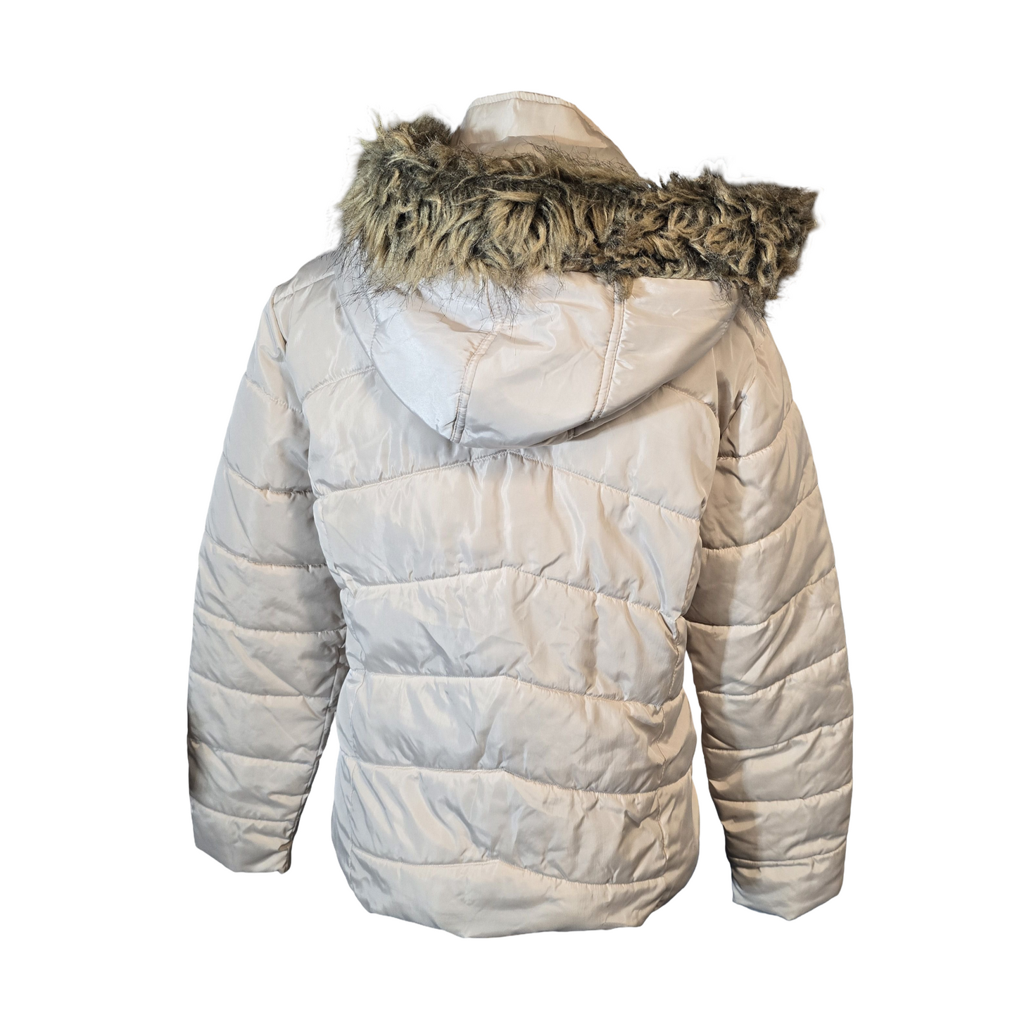 PLT Cream Puffer Coat with Faux Fur Hood – Size 12