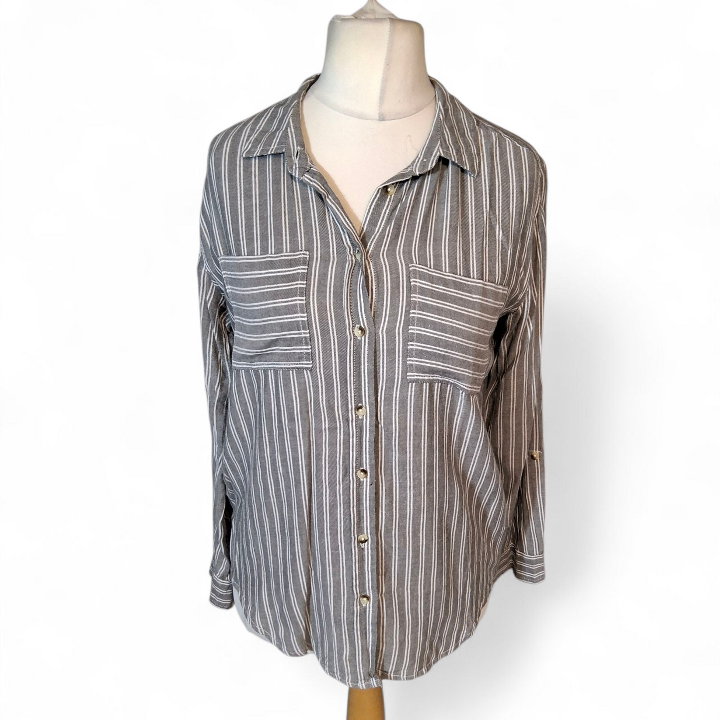 Primark Grey & White Striped Shirt – 100% Cotton – Size 10