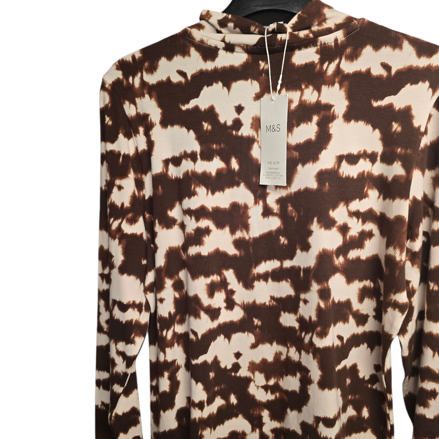 M&S Brown & White Animal Print High Neck Top – Size 14 – NWT – 95% Cotton