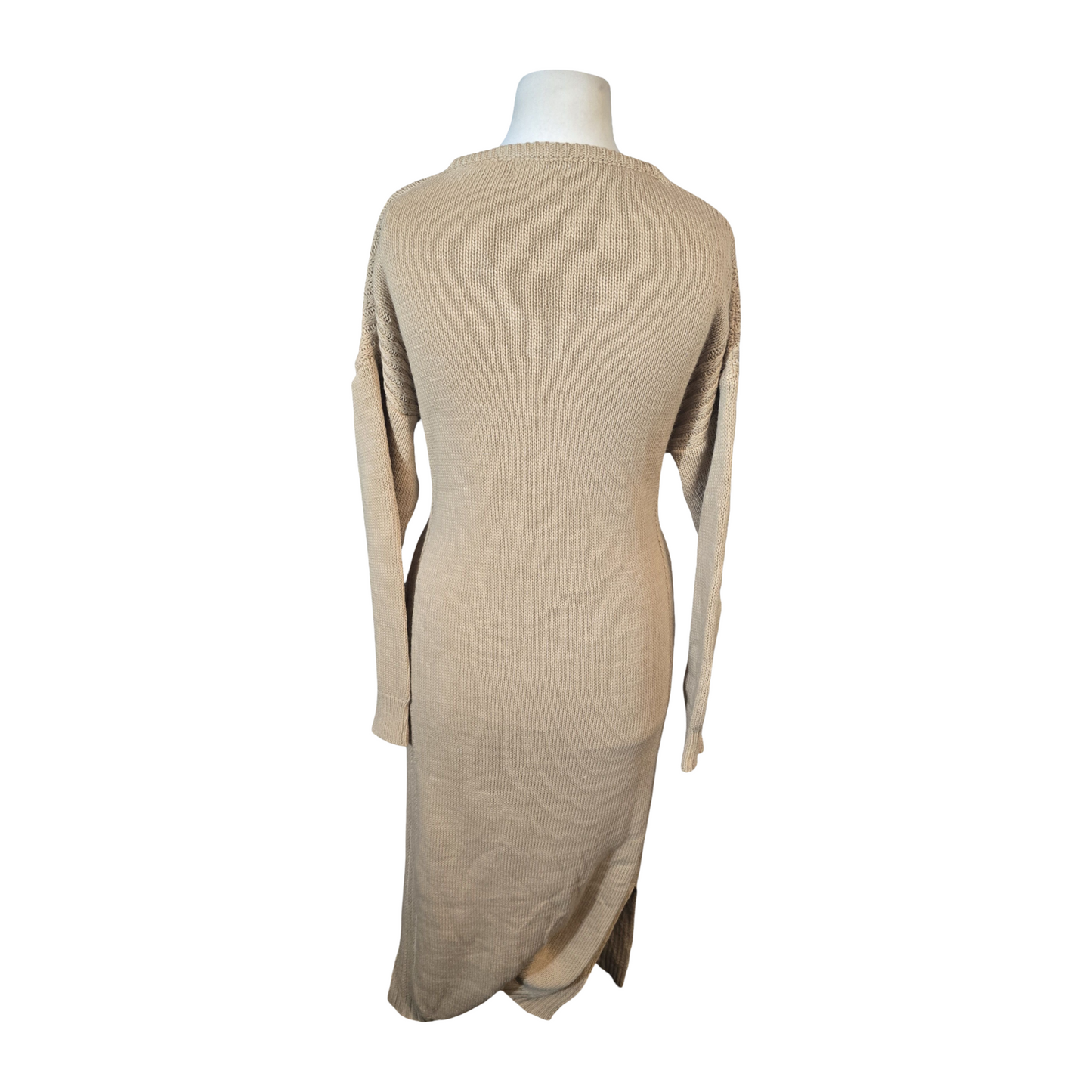 Boohoo Beige Midi Jumper Dress – Belted – Side Slits – Size 12 – Acrylic Knit