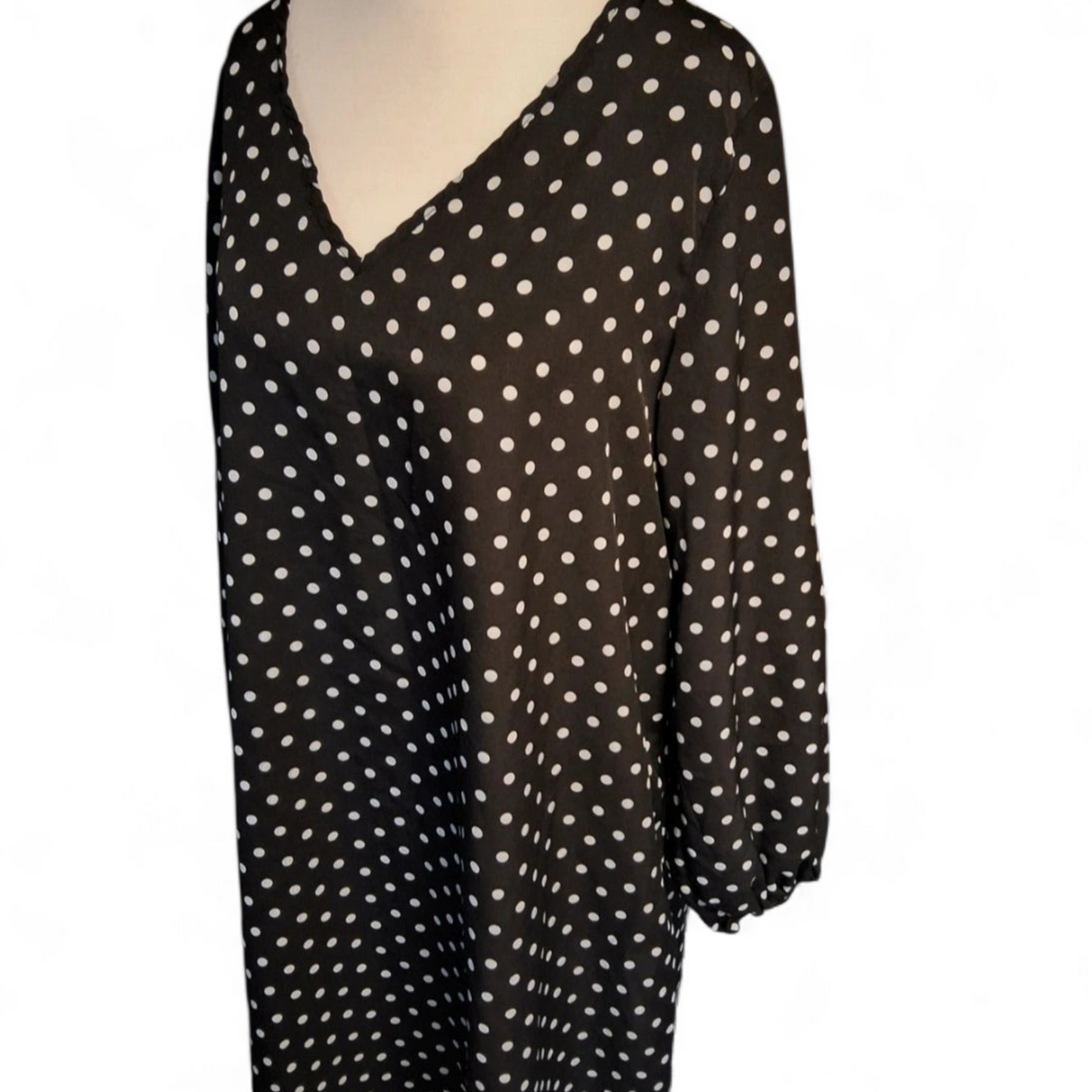Emery Rose Black & White Polka Dot V-Neck Dress – Size XL ( size 16/18) – Long Sleeved A-Line