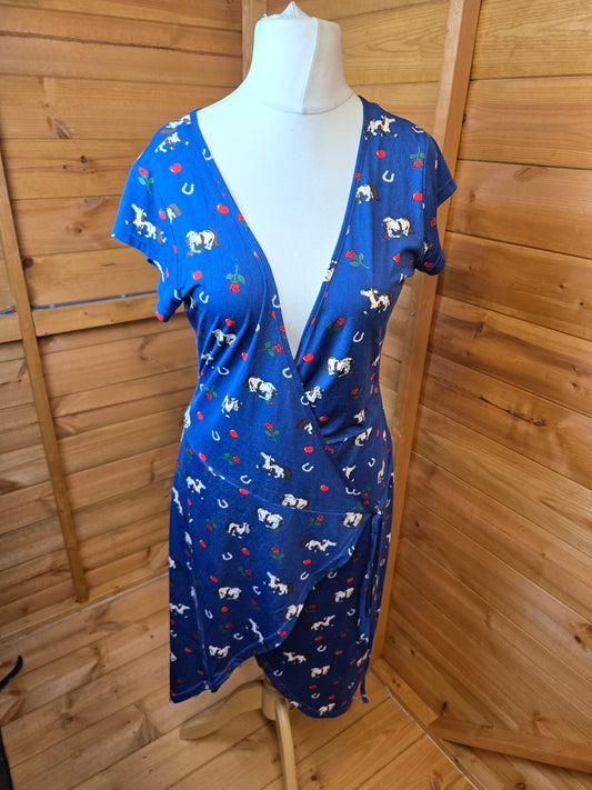 Lindy Bop Blue Print Wrap Dress Size 12 – V-Neck, Midi, Stretchy, Horse & Cherry Rose Design