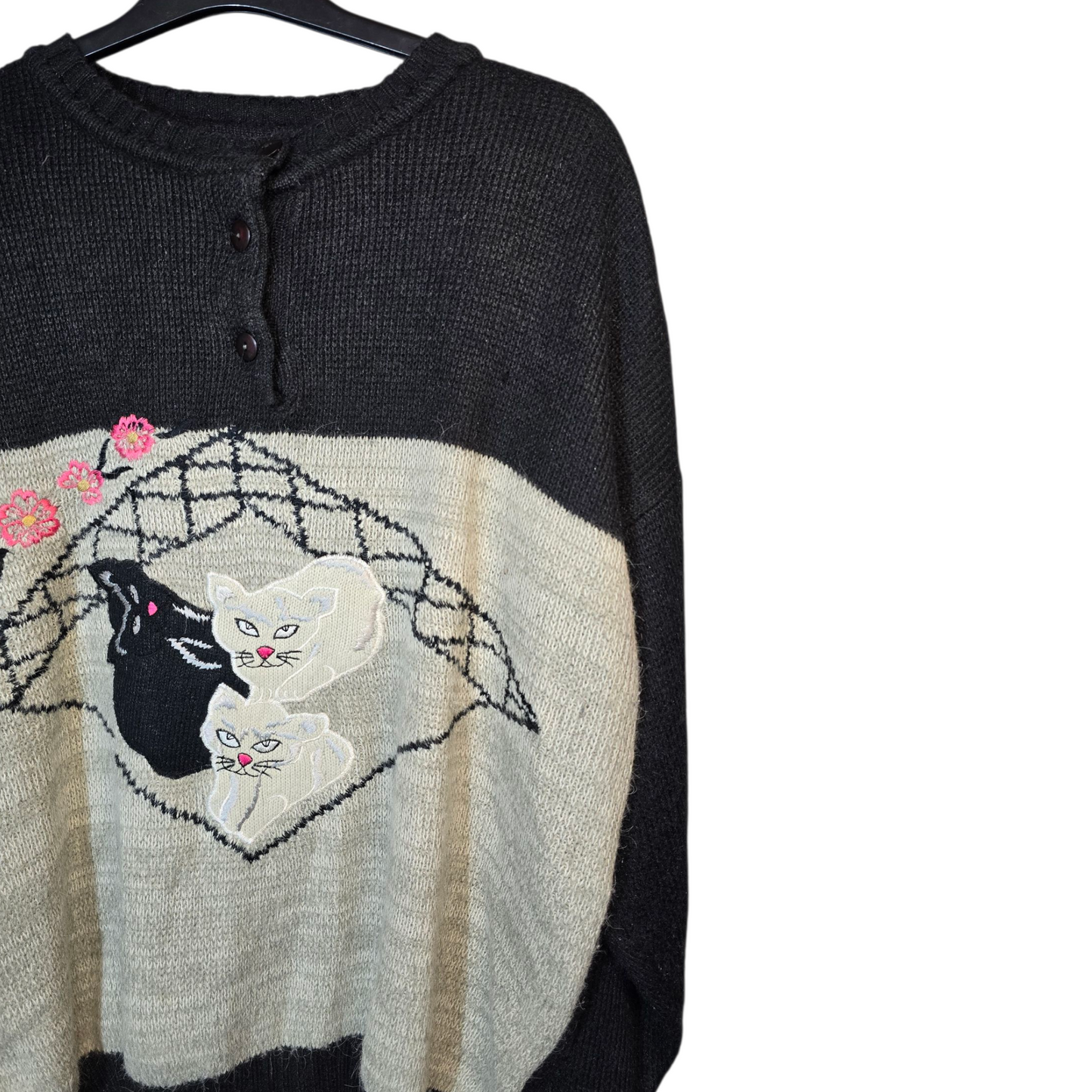Vintage Hannah Grey & Black Cat Design Knitted Jumper – Oversized Fit