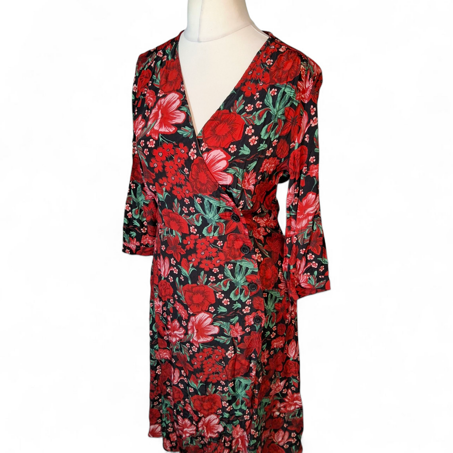 Monki Red Floral Wrap Style Dress – 3/4 Sleeve, Knee to Midi Length – UK 10