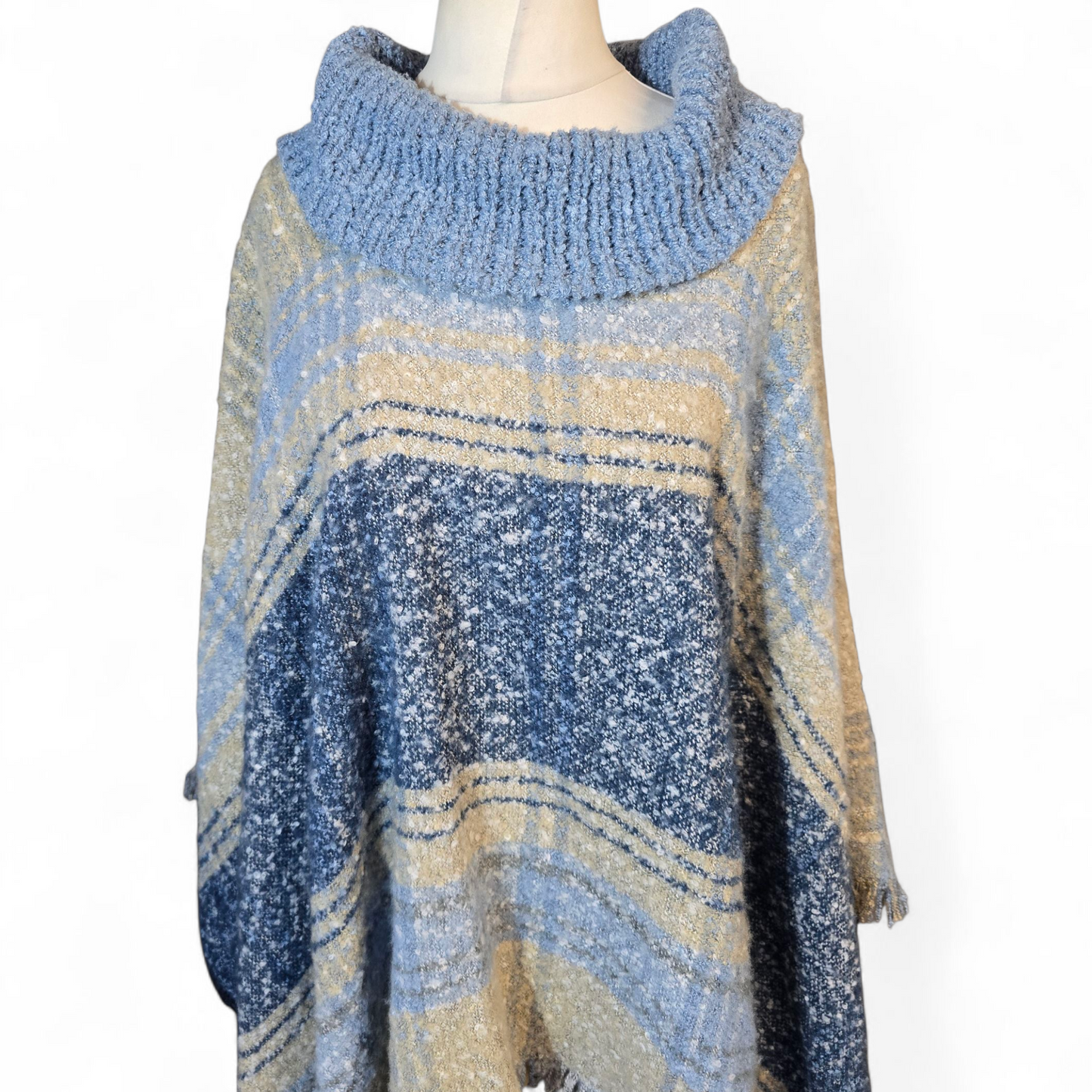 Lauren Taylor Blue & Beige Knitted Poncho – Turtleneck Tasselled Design – One Size (Fits 12–24)