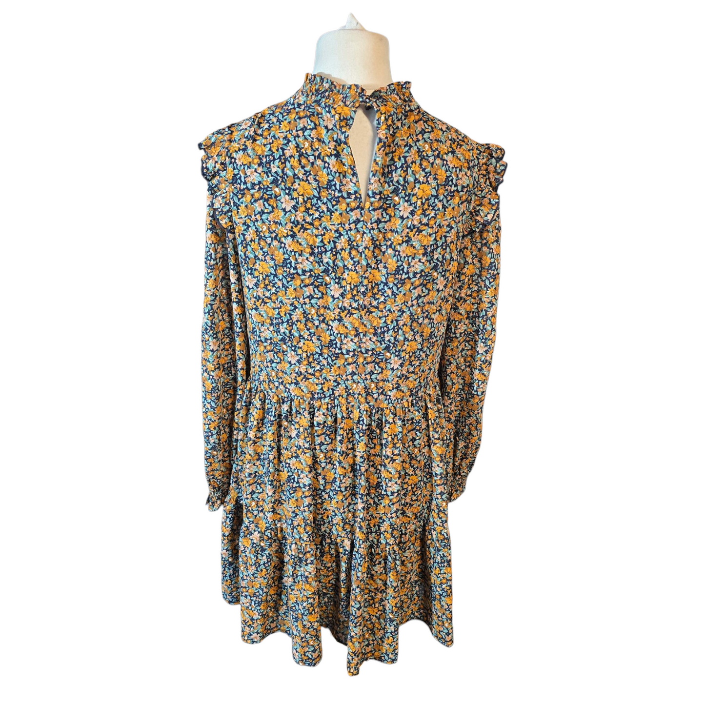 Warehouse Orange & Navy Floral Ruffle Dress – Size 12